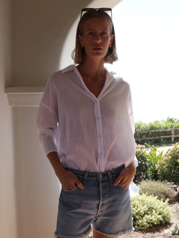 Drop Shoulder Shirt Cotton Voile - White for wholesale by Felicite Apparel