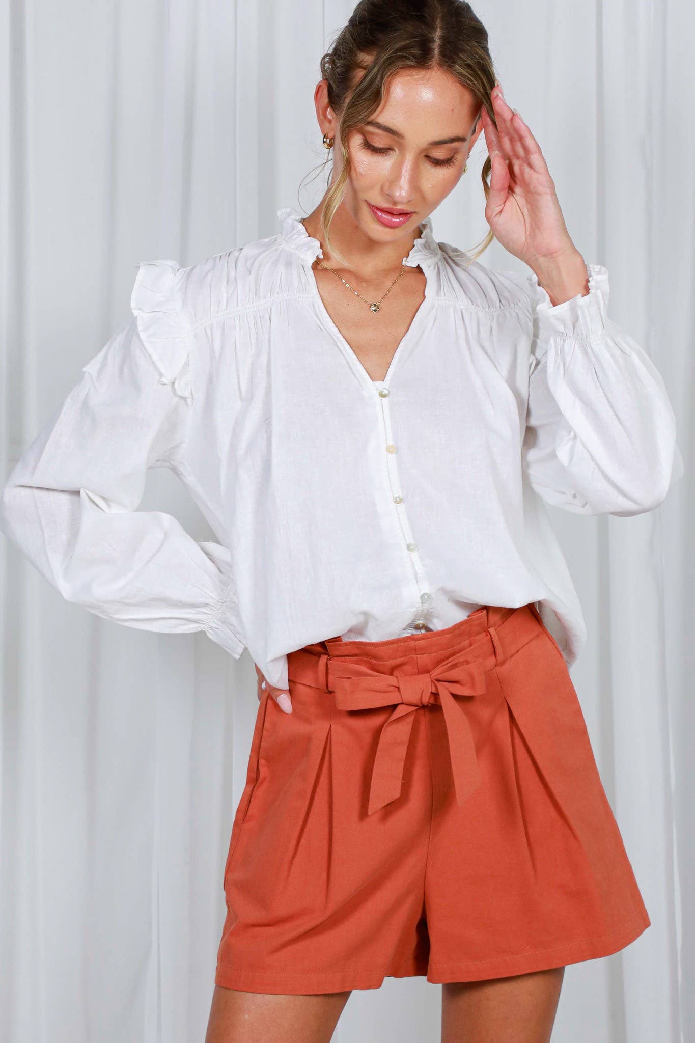 Vine & Love - Vente Chemisier – femme - Blouse à manches longues bouffantes avec col en V à volants 100 % coton VT8231511