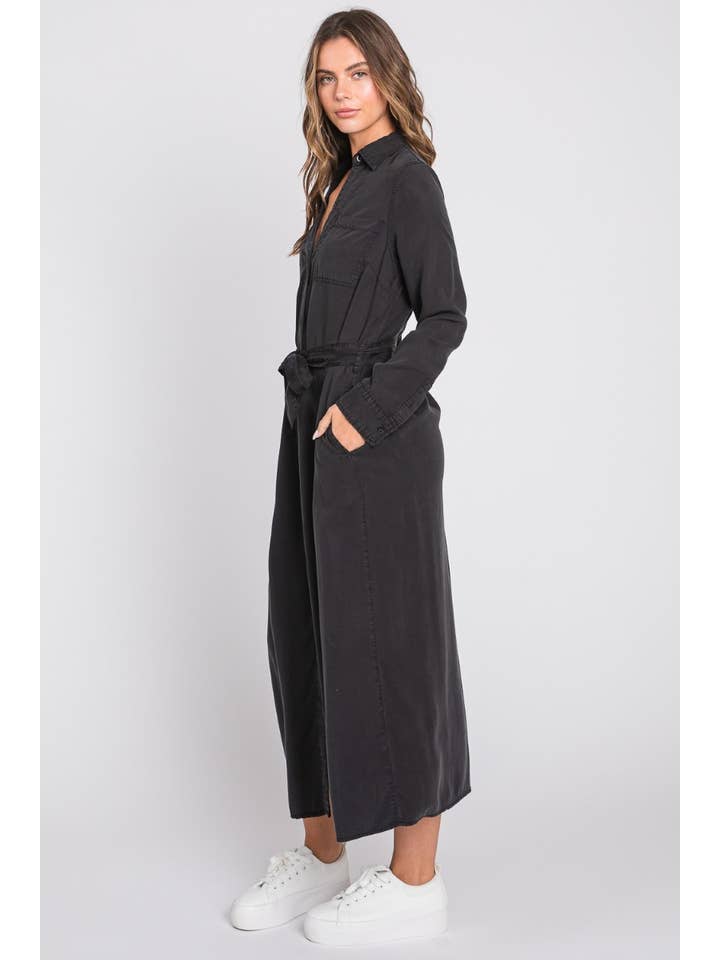 BLACK Denim Midi Shirt Dress-Black for wholesale on Faire