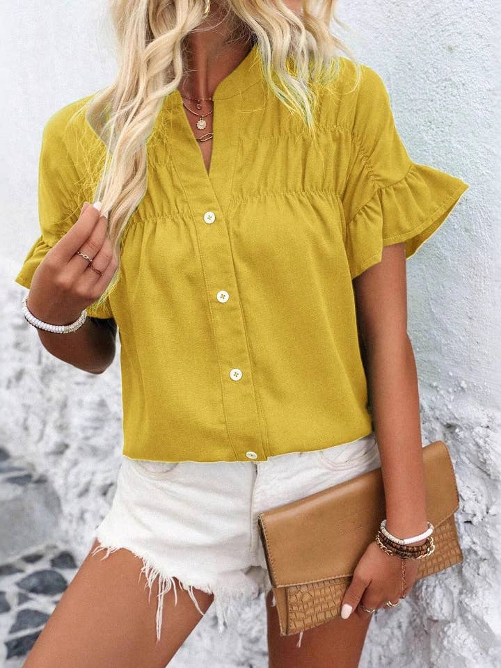 safistyle - Wholesale Button Down Shirt - Women's - Solid Color Cotton Linen Short Sleeve Button Shirt7
