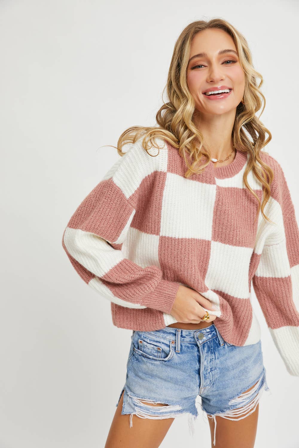 Sweet Lovely by Jen - Wholesale Knit Sweater - Women's - CASUAL SOFT COZY  RELAXED FIT CHECKER KNIT SWEATER37