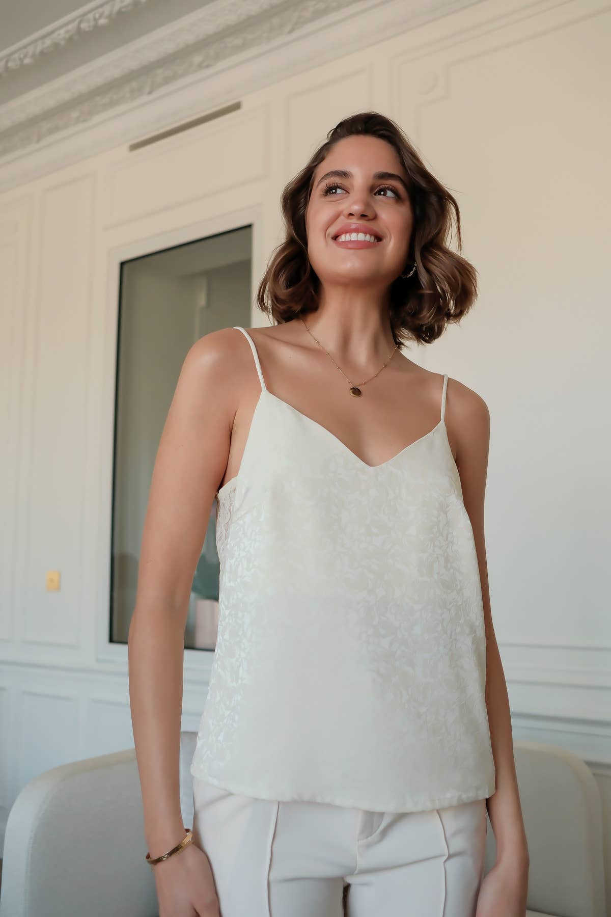 LOVIE & CO - Vente Caraco – femme - Top à bretelle jacquard fleuri et dentelle11