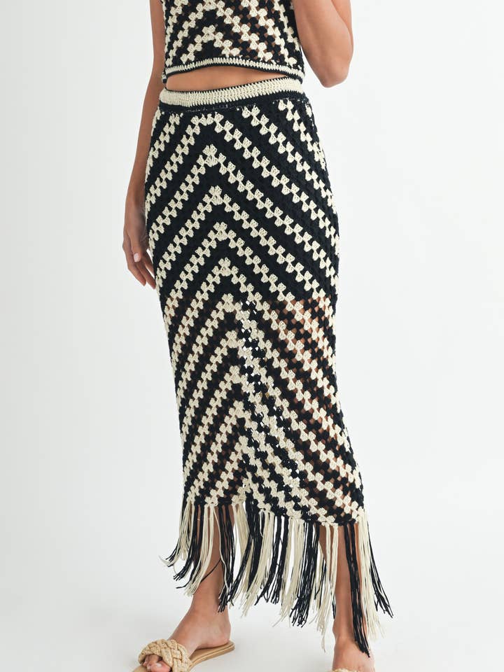 CREAM BLACK Crochet Fringed Maxi Skirt. for wholesale on Faire