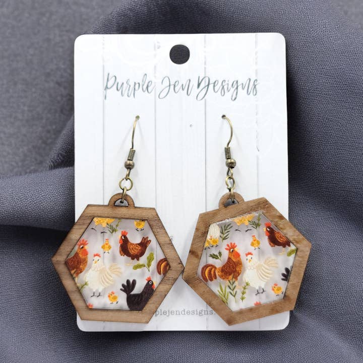 Farmhouse chic jewelry for chicken lovers - acrylic and wood for wholesale by Jennifer Hughey