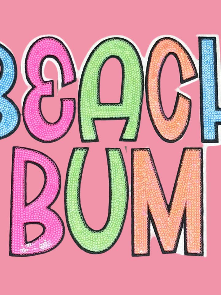 Beach Bum Patch, Sequin Beach Bum Patch, White Glitter Backing, Iron on Patch, DIY for wholesale by sequinandstiches