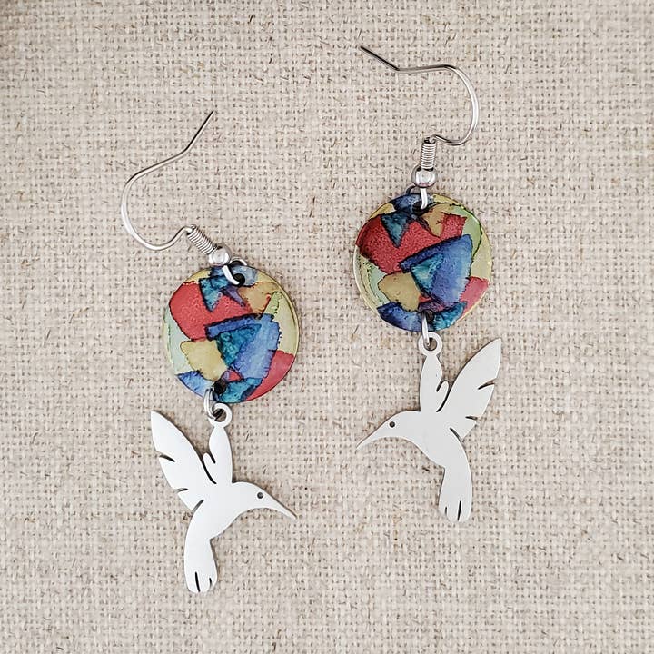 Covaly Artisan Jewelry - Wholesale Dangle Earrings - Alcohol Ink Stainless Steel Hummingbird Drop Earrings0