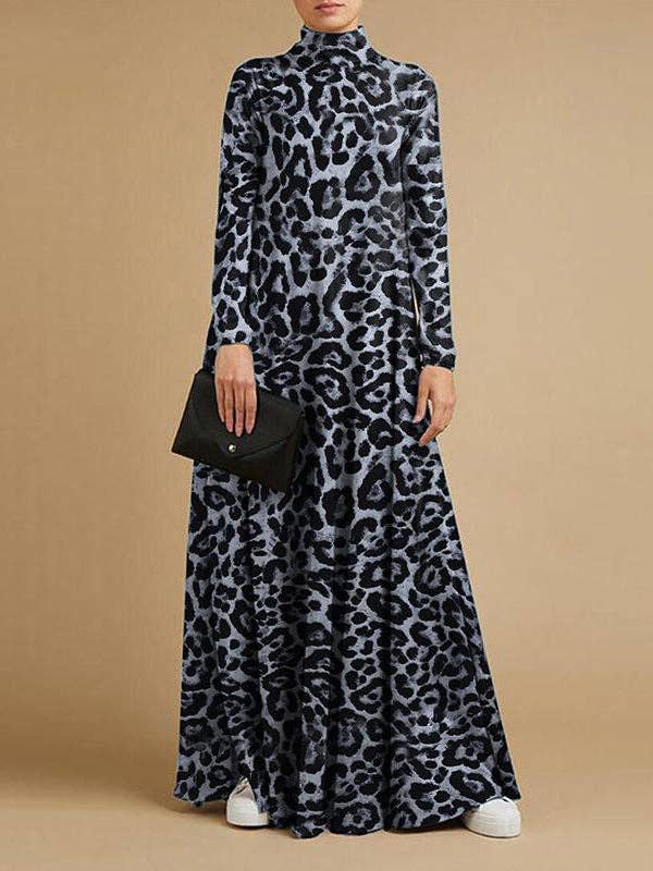 FurDecoration - Vendita all'ingrosso Vestito - Donna - Abito lungo casuale a collo alto con stampa leopardata.0