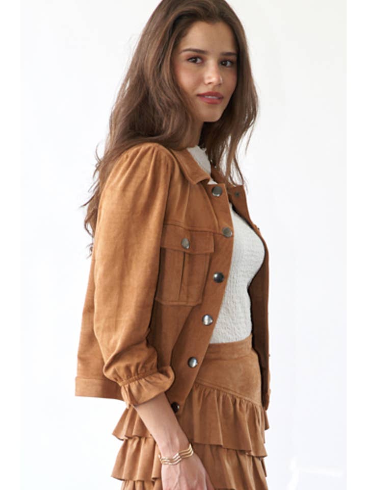 CAMEL SUEDE CROPPED JACKET UTILITY POCKETS (ST7186) for wholesale on Faire