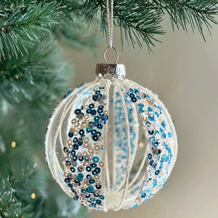 Blue Sequin Glass Ornament for wholesale by Merry & Bright LLC