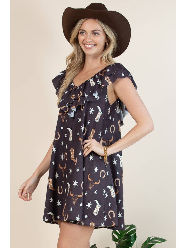 Brown D1465-6175-Western Lucky Cow Head Print Sundress for wholesale on Faire