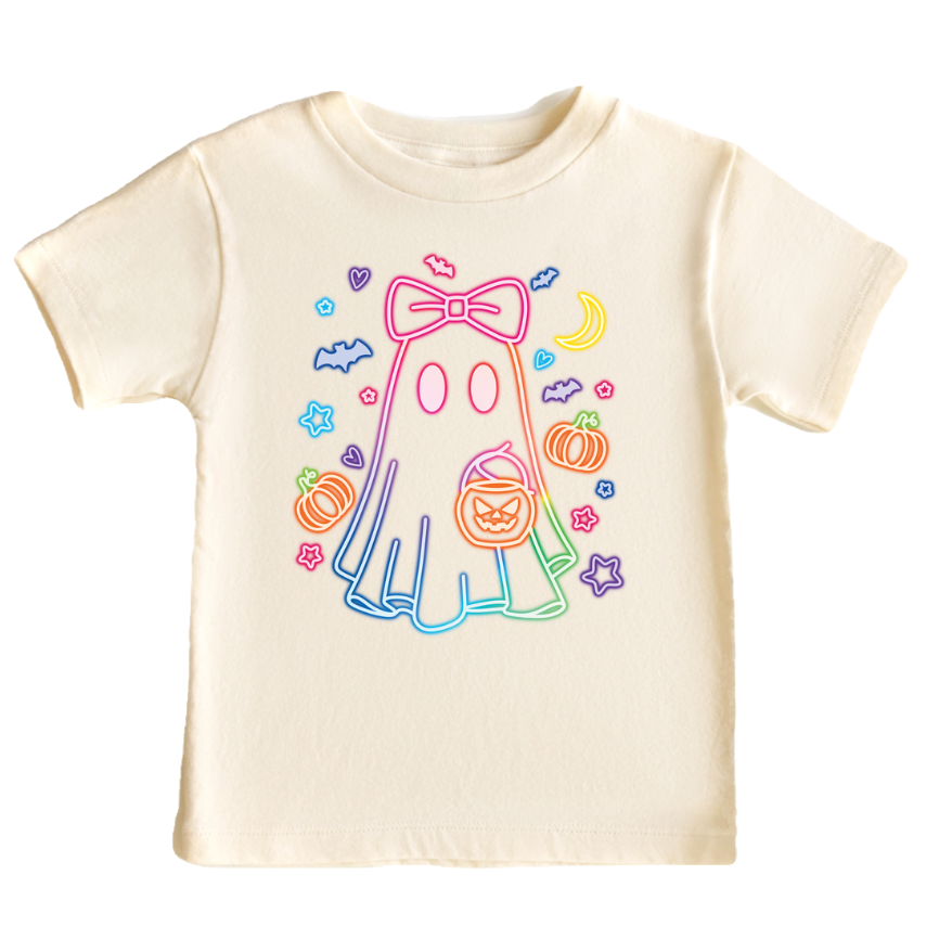 AvaryMaeInspirations – Großhandel T-Shirt mit Siebdruck – Kinder – Neon-Geistermädchen Halloween T-Shirt, Kürbisse3
