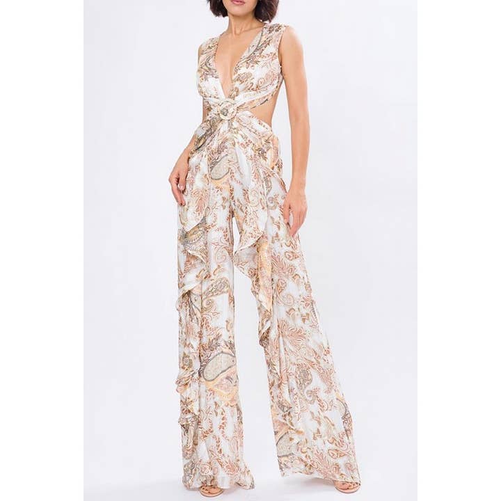 DORCAS - Wholesale Jumpsuit - Women's - YORYU PRINT DEEP V-NECK RUFFLE JUMPSUIT