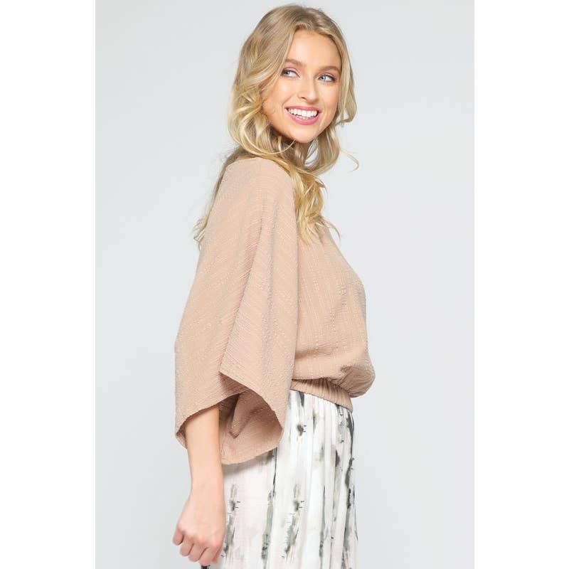 NATURAL KHAKI Cotton Woven Boat Neck Wide Sleeve Top for wholesale on Faire1