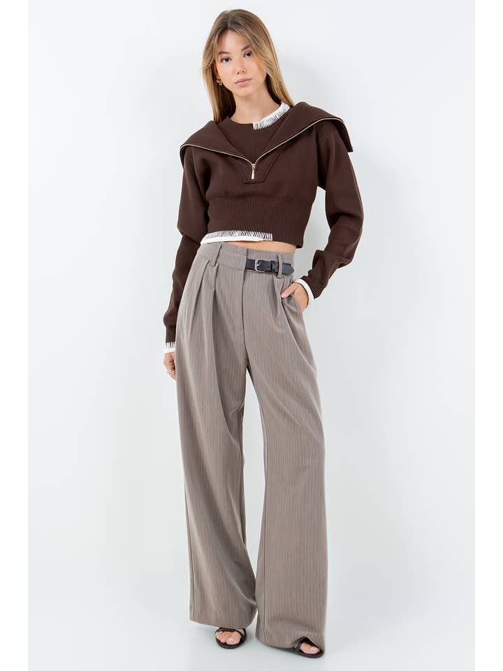 DOUBLE LAYER ZIP UP SWEATER W CROCHET THREADING - DK BROWN for wholesale on Faire