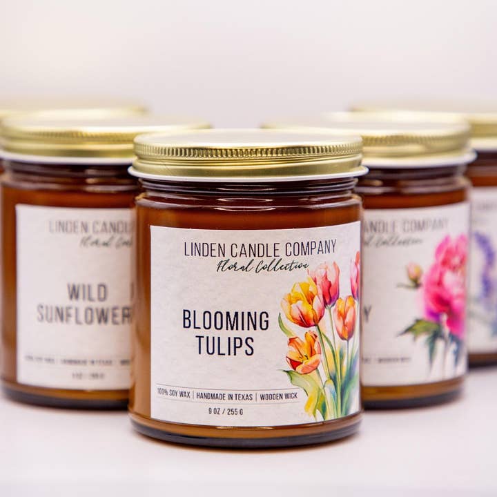 Linden Candle Company - Wholesale Jar/Filled Candle - Pink Peony Organic 9oz Soy Candle in Amber jar1