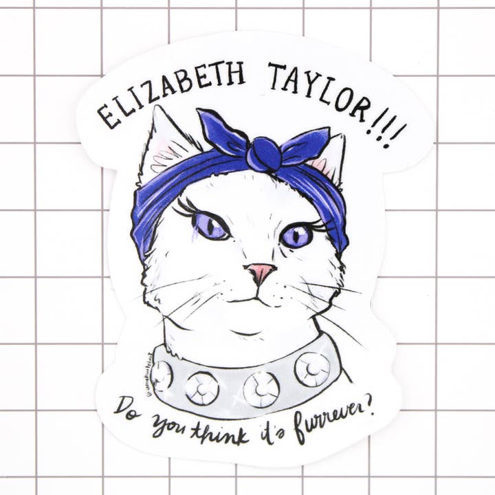 Elizabeth Taylor Cat Vinyl Sticker for wholesale by Amy Hartelust Art and Illustration