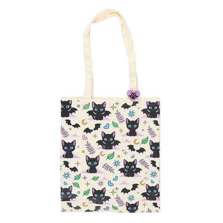Something Different Wholesale - Wholesale Tote Bag - Women's - Cute and Creepy Black Cat Print Polycotton Tote Bag with Enamel Pin1