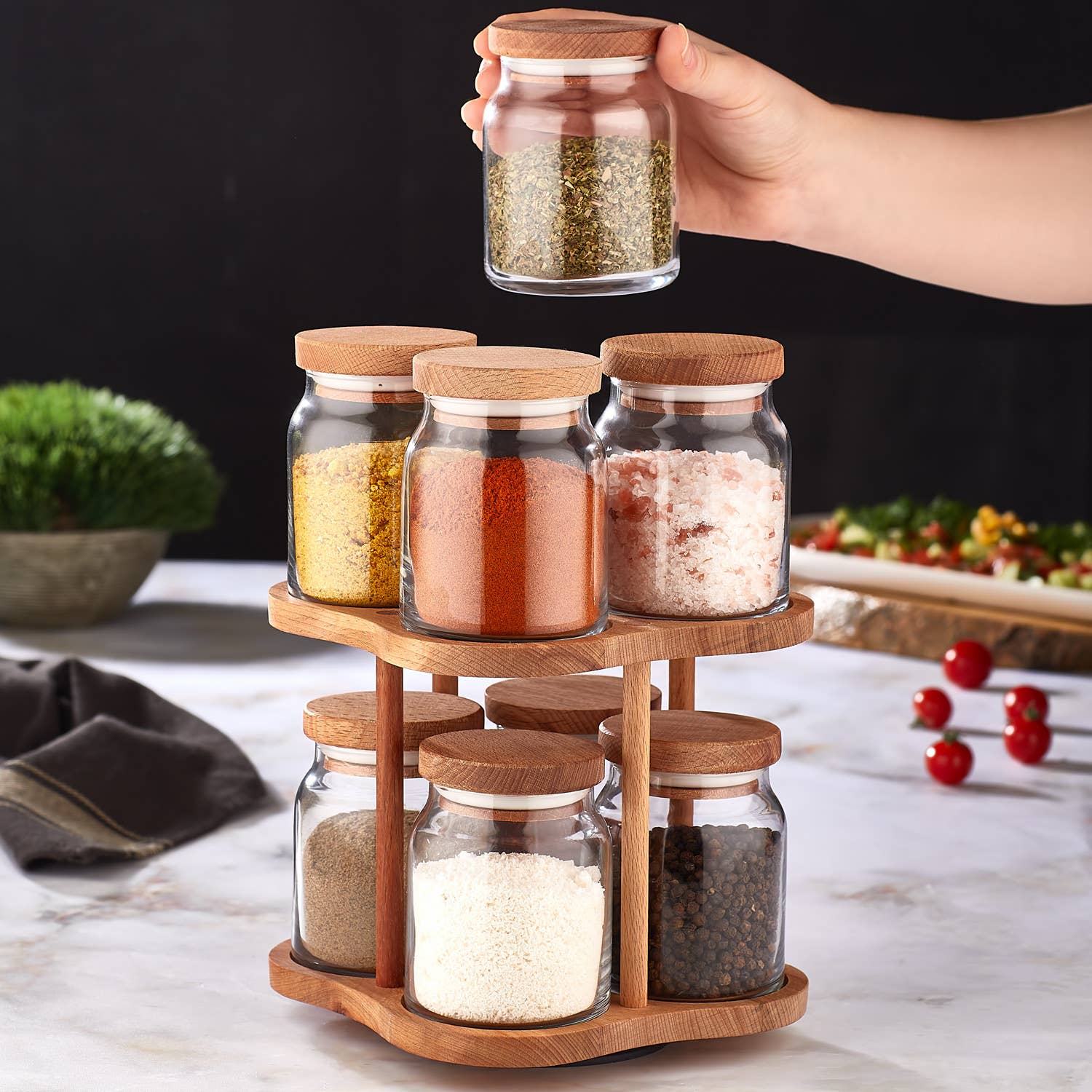 Joy Kitchen - Wholesale Jar - Houten kruidenrek opberg torren met 8 glazen potjes1