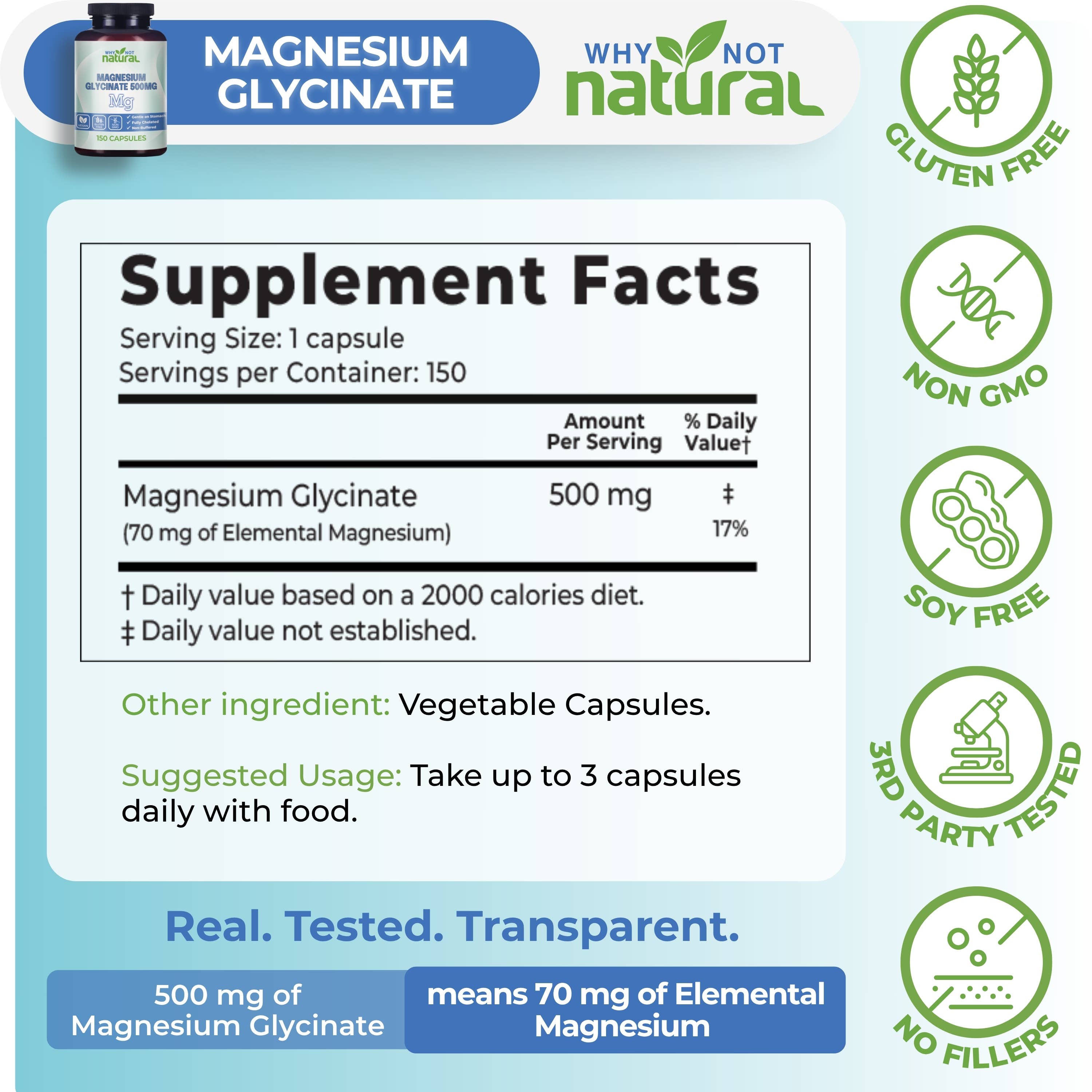 WhyNotNatural - Wholesale Oral Supplement/Vitamin - Magnesium Glycinate 500 mg Capsules Supplement - Vegan, 100%3