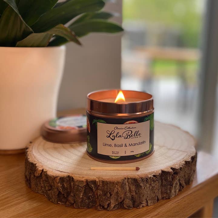 Lime, Basil & Mandarin Tin Candle for wholesale by Lyla Belle Candle Co.