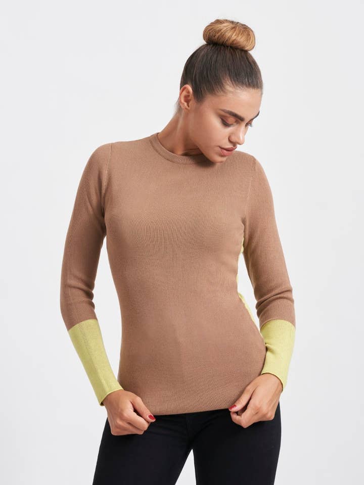 RUND HALS LANGÆRMET SWEATER BEIGE & LIME for engroshandel hos WHISPR