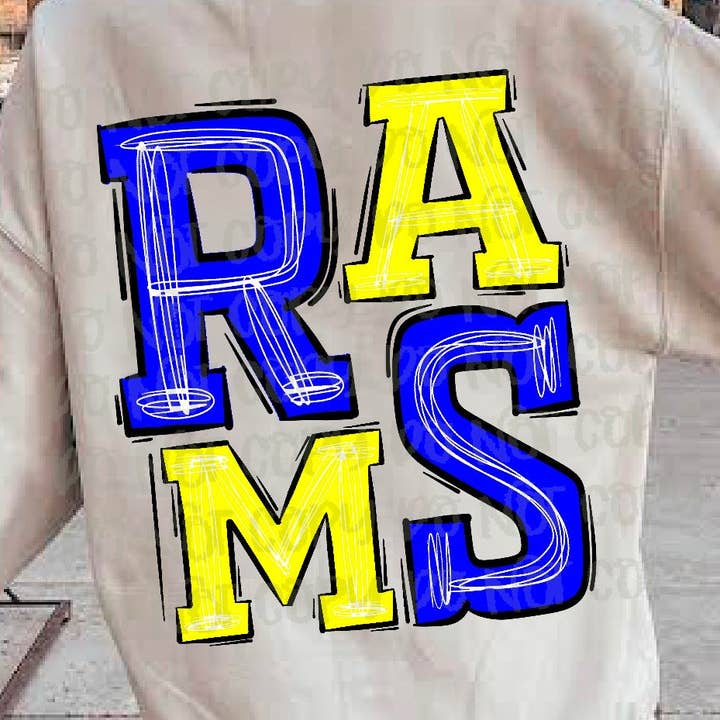 Rams Royal Blue/Bright Yellow DTF Transfer for wholesale by K and M Designs