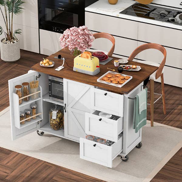 Orange County Decor - Wholesale Kitchen Storage/Organizer - K&K 54.5" Farmhouse Kitchen Island With Power Outlet, Kitchen Storage Island With Internal Storage Rack, Drop Leaf, Spice Rack, Rolling Kitchen Cart On Wheels, For Home, Kitchen And Dining16