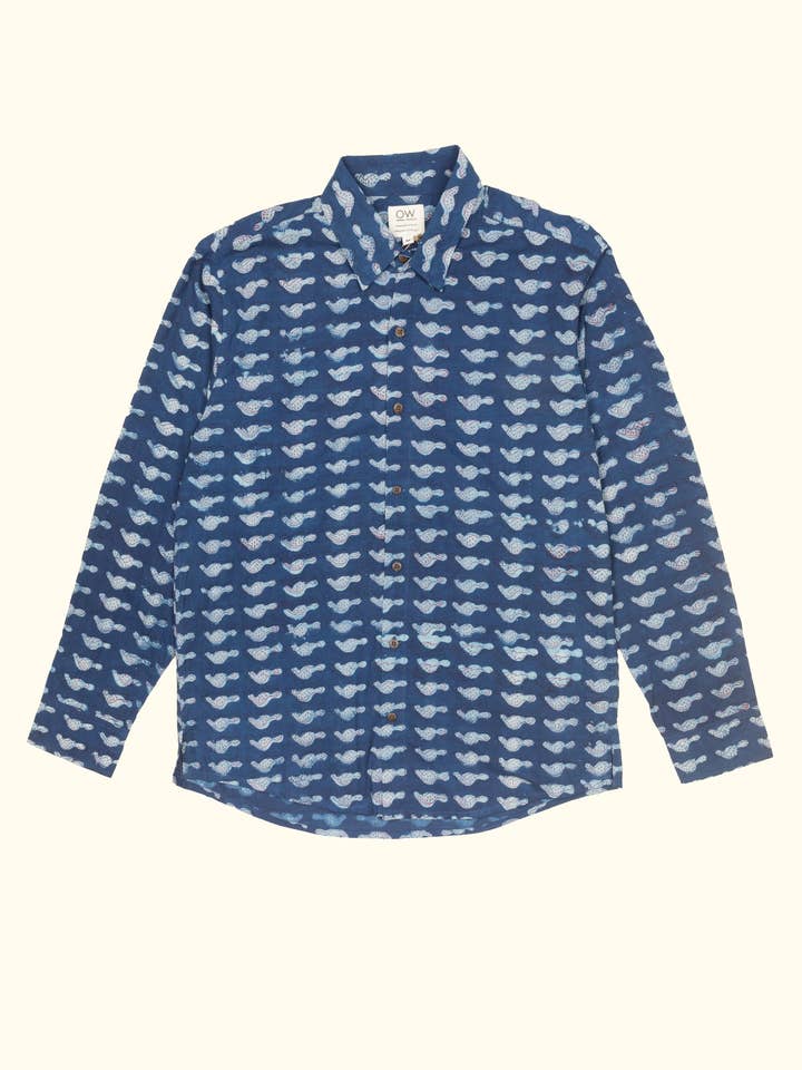 camicia a maniche lunghe stampata a mano donato in blu per la vendita all'ingrosso da parte di Otherwise