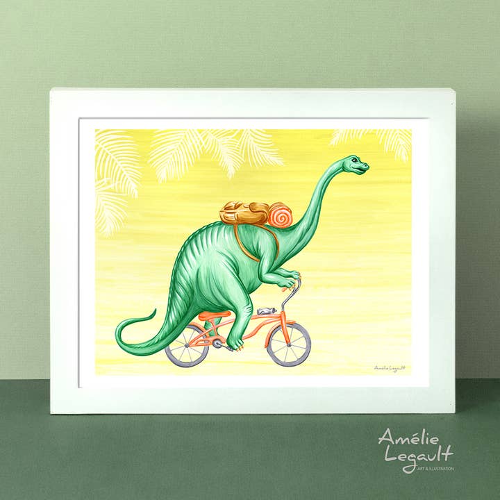 Brontosaurus riding a Bike Art Print for wholesale by Sardines Studio