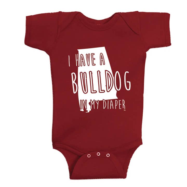 I HAVE A BULLDOG IN MY DIAPER Alabama Spots Fan Baby One Piece for wholesale by In My Diaper