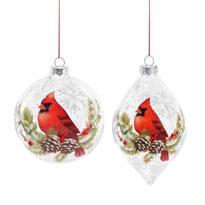 Red Cardinal on Pinecone Branch Snowy Glass Orn - 2 Ast for wholesale by DEMDACO