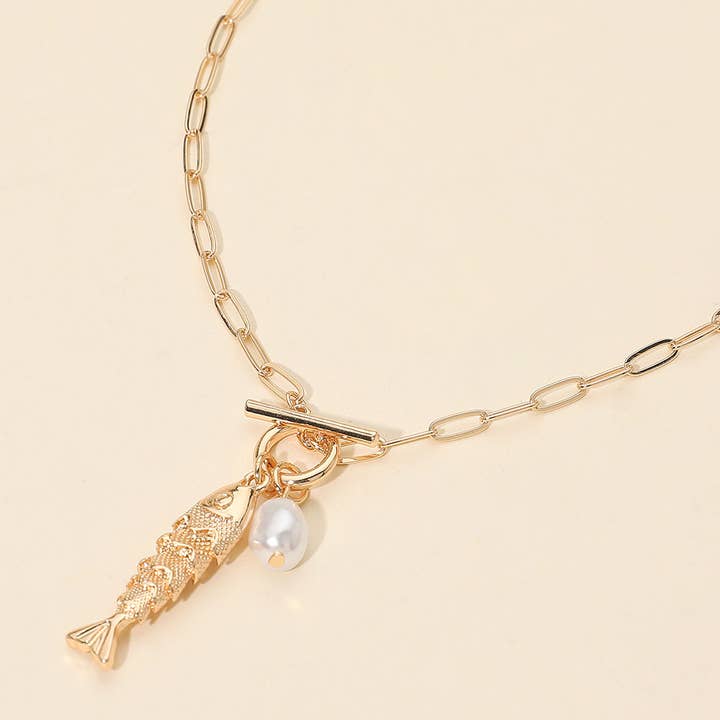 Fish Pearl Toggle Charm Pendant Necklace for wholesale by Sensibling Corp.