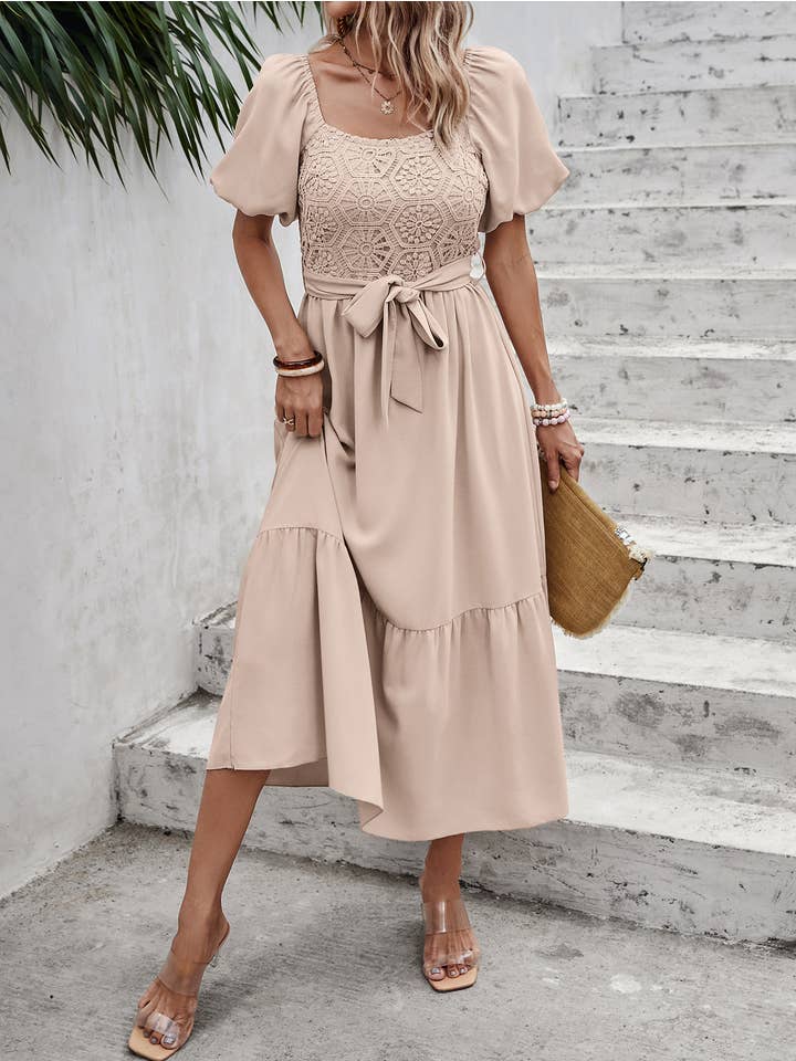 eLook - Wholesale Dress - Women's - SZ1-DR1008 Crochet Detail Puff Sleeve Belted Midi Dress10