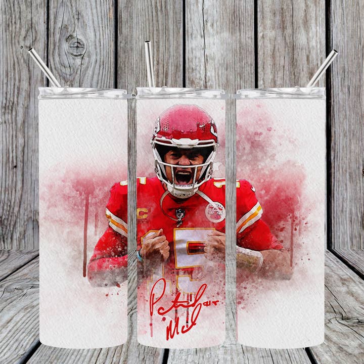 Patrick Mahomes 15 Chiefs Football 20oz Skinny Tumbler for wholesale by Dogwood Graphics & Design