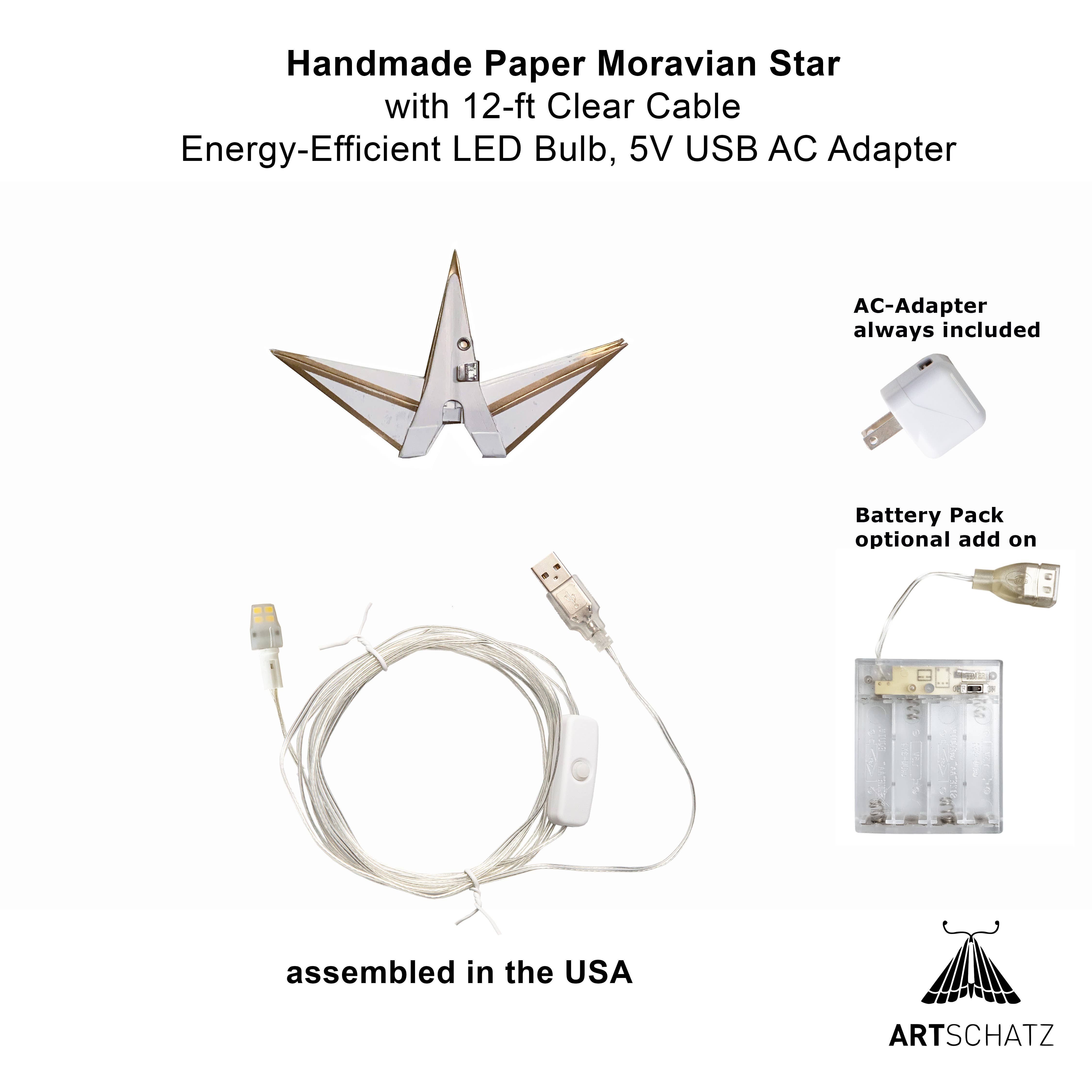 Artschatz LLC – Lampião/candeeiro de papel por atacado – Lanterna de Papel Estrela Morávia Mini ~ 18 cm, Branca/Dourada com Luz2