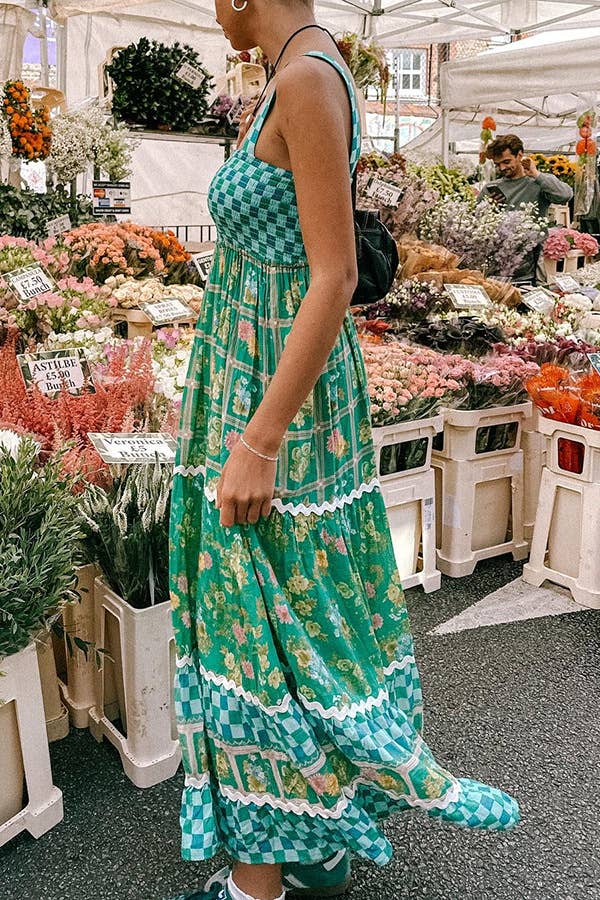 Green checkered Unique Floral Boho ric rac tiered dress for wholesale on Faire8