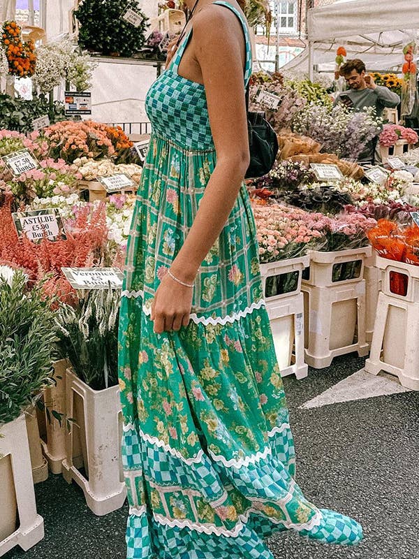 Green checkered Unique Floral Boho ric rac tiered dress for wholesale on Faire8
