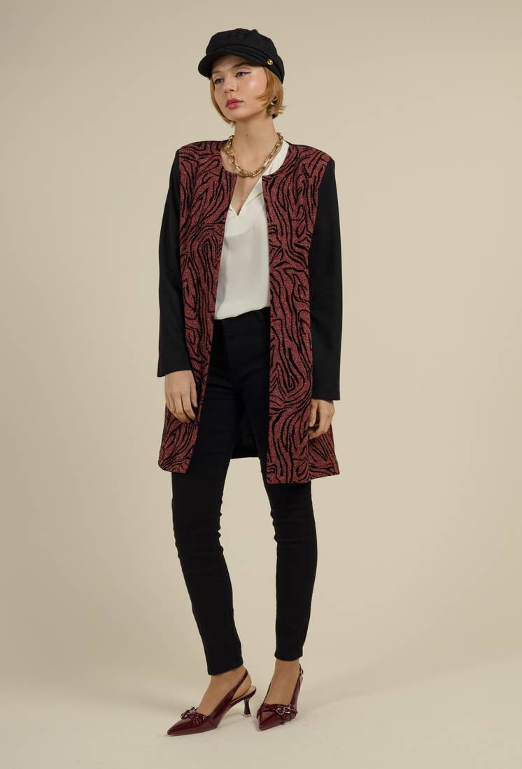 You Udress - Wholesale Jacket - Women's - Black and Burgundy Mid-Length Jacket with Imp Velvet Details