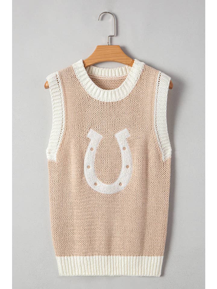 Oatmeal Western Horseshoe Patchwork Sweater Top for wholesale on Faire