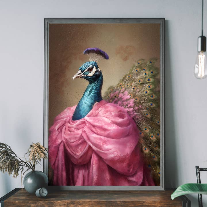 Portrait animalier de paon en illustration pour la vente par Ink & Drop