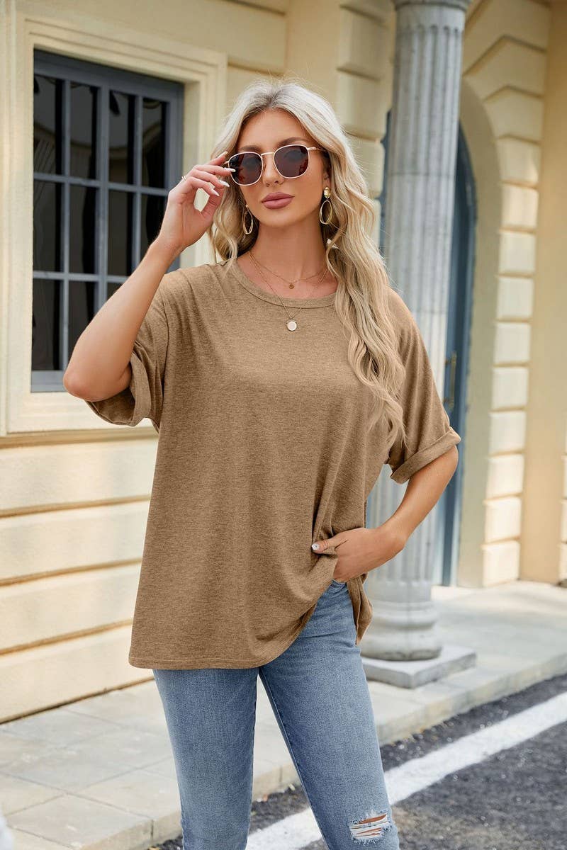 Lily Clothing - Wholesale T-Shirt - Women's - ROUND NECK SOLID COLOR SHORT SLEEVE LOOSE T SHIRT_CWTSTS028016