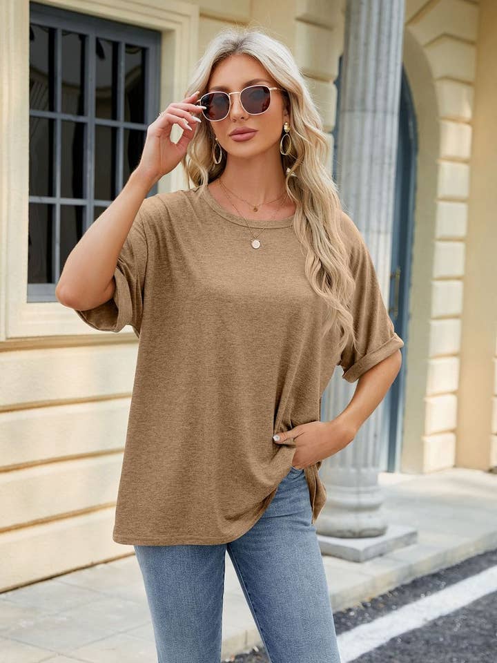 Lily Clothing - Wholesale T-Shirt - Women's - ROUND NECK SOLID COLOR SHORT SLEEVE LOOSE T SHIRT_CWTSTS028016