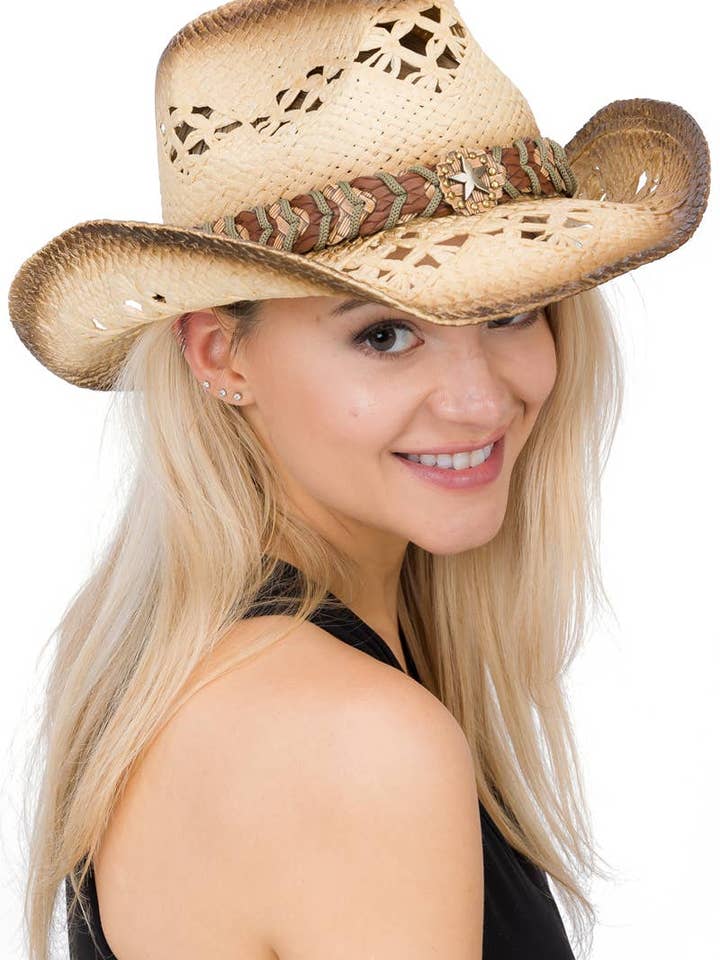 Star Braided Belt Crochet Woven Straw Cowboy Hat for wholesale by Cap Zone