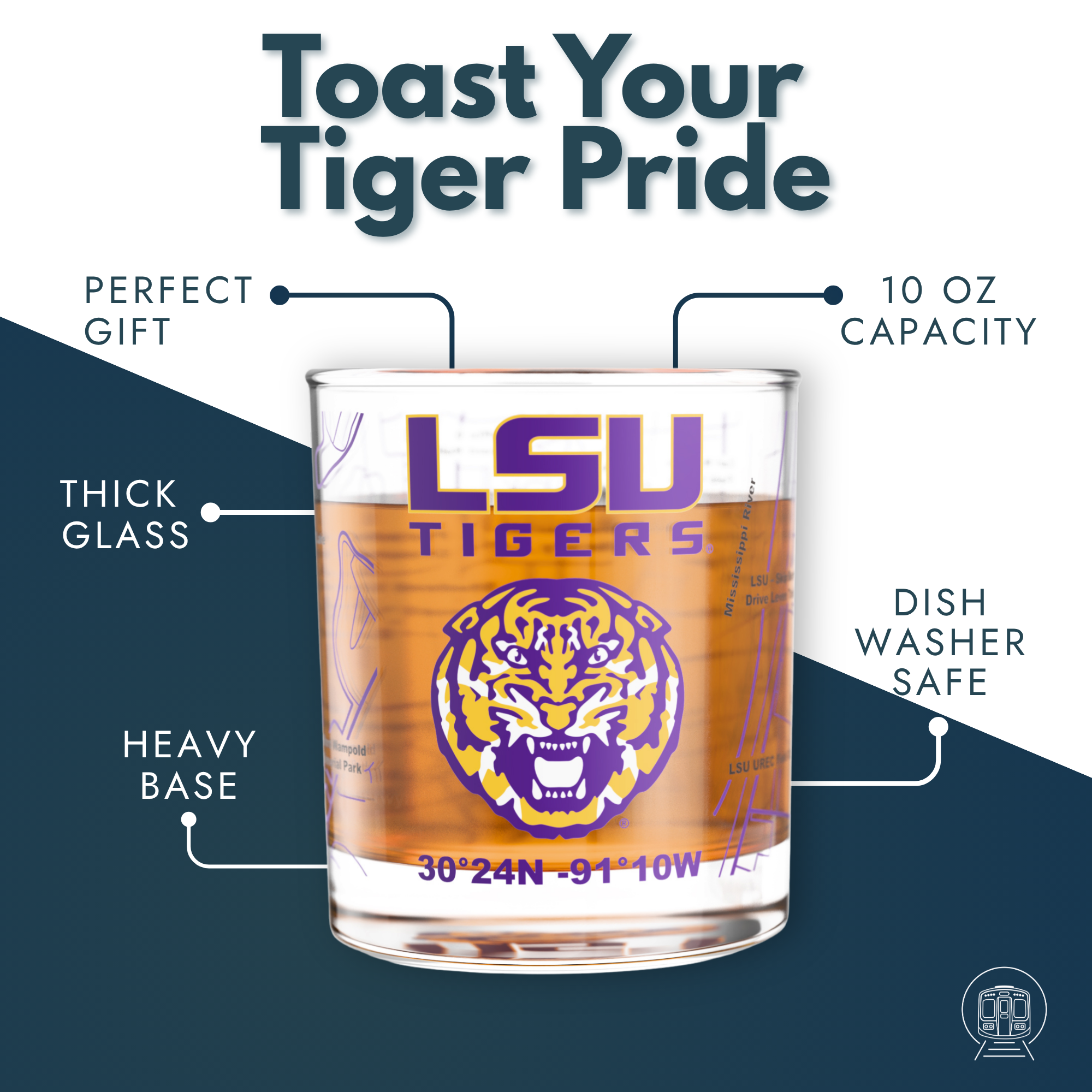Greenline Goods - Wholesale Cocktail/Liquor Glass - University of LSU Tigers College Whiskey Glasses (Set of 2), 10 oz – Full-Color Logo + Campus Map1