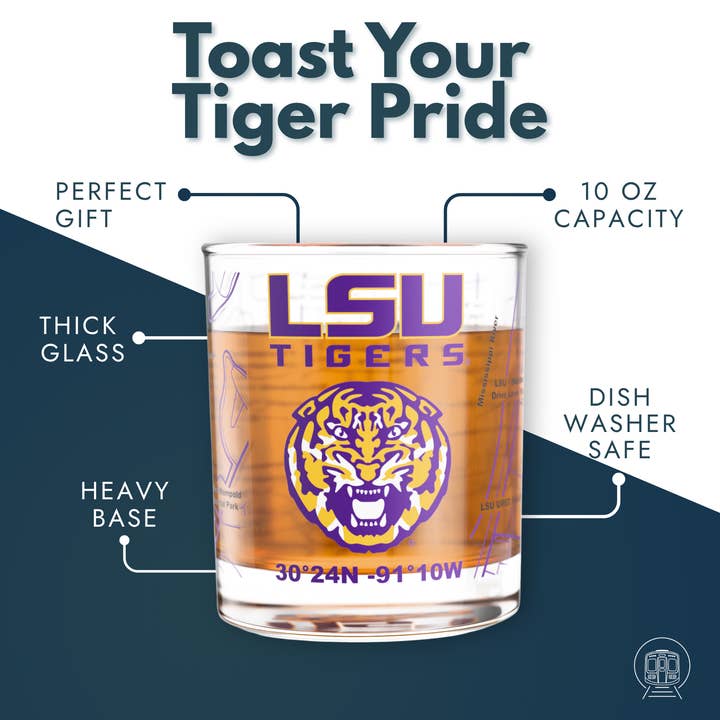 Greenline Goods - Wholesale Cocktail/Liquor Glass - University of LSU Tigers College Whiskey Glasses (Set of 2), 10 oz – Full-Color Logo + Campus Map1