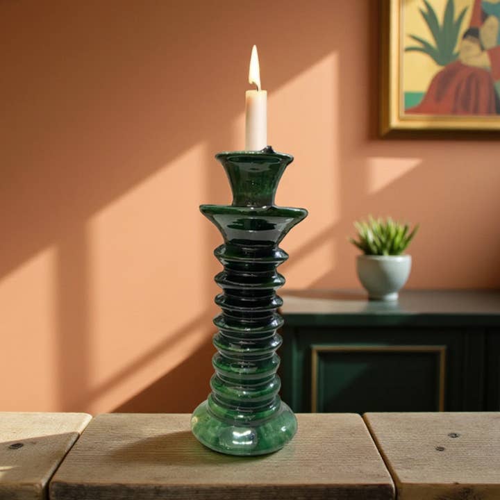Handmade Moroccan Tamegroute Green Glaze Twisted Candle Holder for wholesale by Moroccantastics