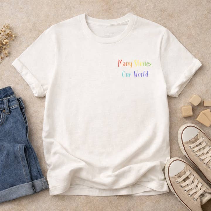 'Many Stories, One World' 100% Cotton Unisex T-shirt for wholesale by Cray Clothing Company