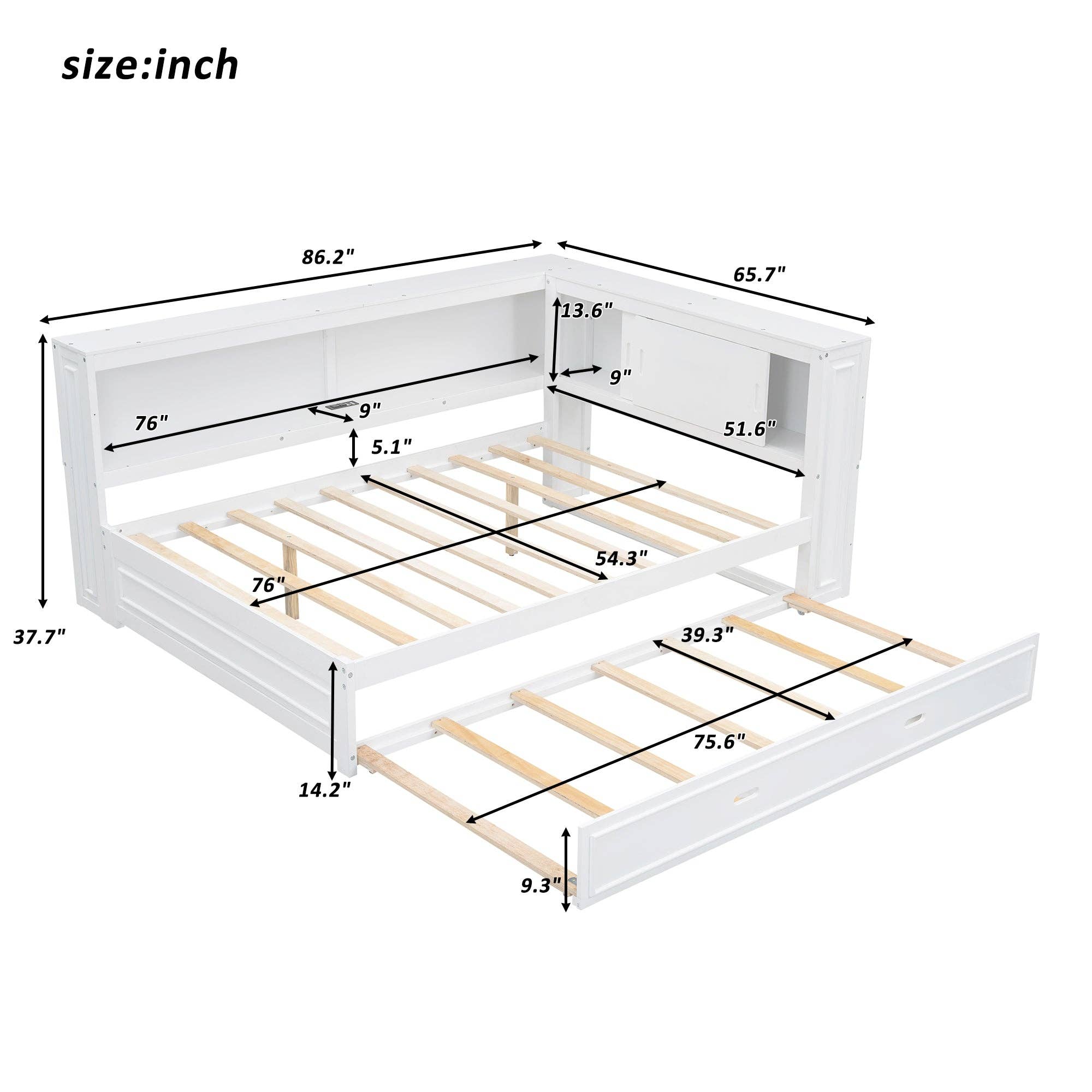 39F Inc. - Wholesale Bed - Full Size White Daybed with Storage Shelves USB and Trundle9