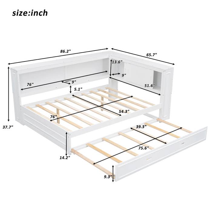 39F Inc. - Wholesale Bed - Full Size White Daybed with Storage Shelves USB and Trundle9