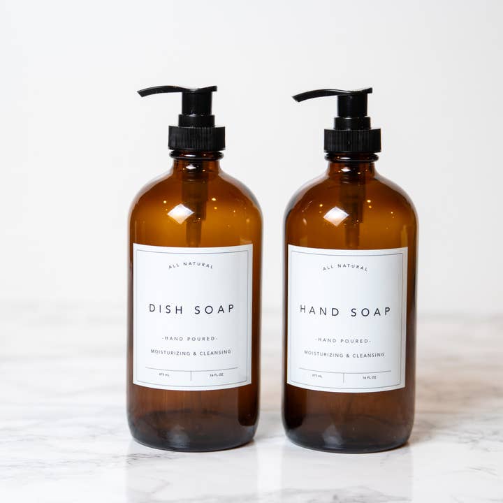 Joie Designs Co. | Refillable Bottles - Wholesale Soap Dispenser - Hand and Dish Soap Bottles - Classic Labels - Glass, Kitchen